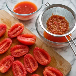Halved peeled tomatoes with seeds strained for juice