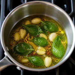 Olive oil infusing with garlic, basil, and red pepper flakes