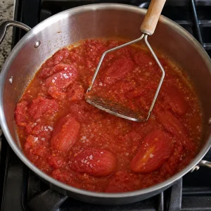 Peeled tomatoes and salt being crushed in a wide pan