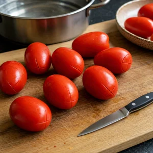 Plum tomatoes with shallow X cuts before blanching