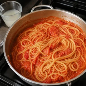 Spaghetti simmering in tomato sauce with pasta water