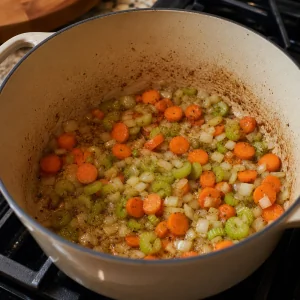 Cenouras aipo e cebola refogados na panela da sopa ate amolecerem