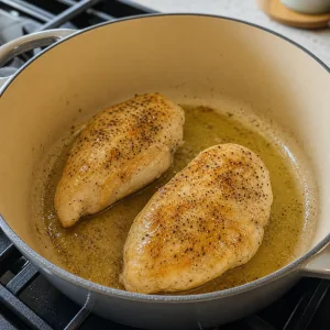 Peitos de frango selando em azeite numa panela grande ate dourar levemente