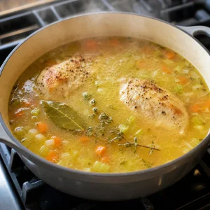 Peitos de frango cozinhando em caldo com legumes folha de louro e tomilho