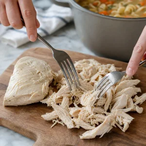 Frango cozido desfiado em pedacos pequenos com dois garfos