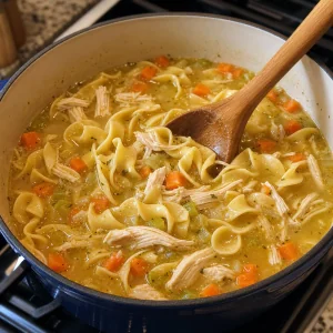 Macarrao de ovos cozinhando na sopa de frango com legumes e frango desfiado