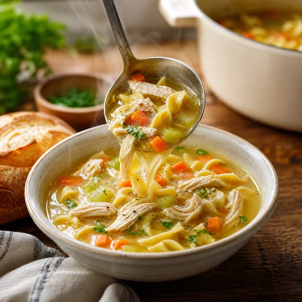 Sopa de frango com macarrao finalizada com ervas legumes frango desfiado e pao crocante