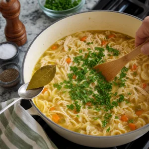 Salsa fresca misturada na sopa de frango com macarrao enquanto a folha de louro e removida