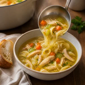 Sopa quente de frango com macarrao servida em uma tigela com pao crocante ao lado