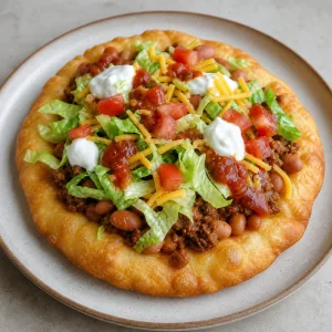 Finished Navajo fry bread taco with beef, beans, lettuce, tomato, cheese, sour cream, and salsa