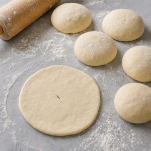 Pâte à pain frit façonnée en disques avec une petite fente au centre