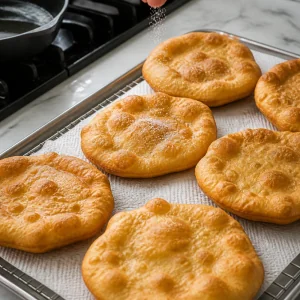 Disques de pain frit dorés égouttés sur une grille avec du sel par-dessus