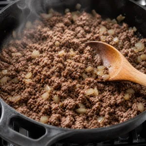 Bœuf haché et oignon en train de dorer dans une poêle