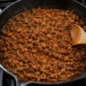 Garniture de bœuf et haricots pinto mijotant dans une poêle