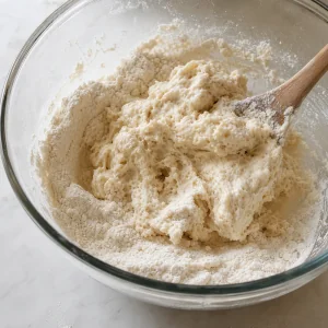 Pâte grossière pour pain frit en train d’être mélangée dans un saladier