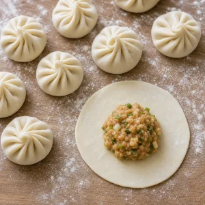 Chicken filling on a wrapper with pleated momos nearby