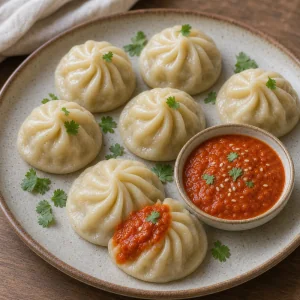 Hot momos served with tomato chutney for dipping
