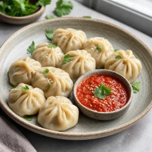 Steamed chicken momos served with tomato chutney
