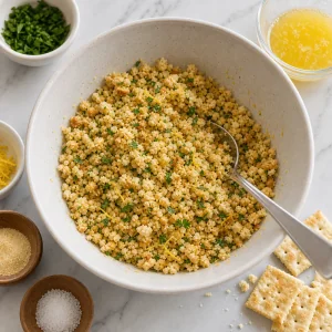 Buttery cracker crumb mixture with parsley and lemon zest
