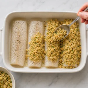 Cracker crumb topping spooned over raw haddock fillets