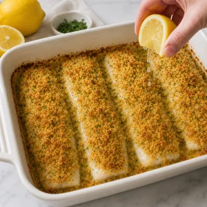Lemon juice drizzled over hot baked haddock