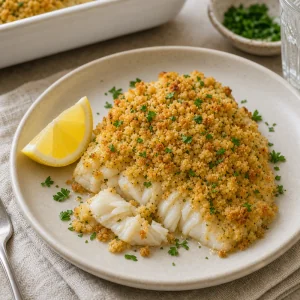 Plated baked haddock portion with crumb topping and lemon wedge