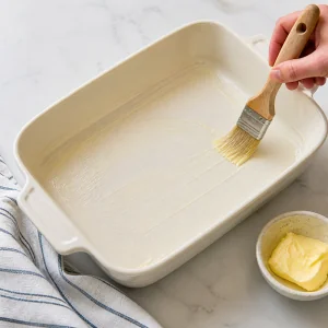 Rectangular baking dish being lightly buttered