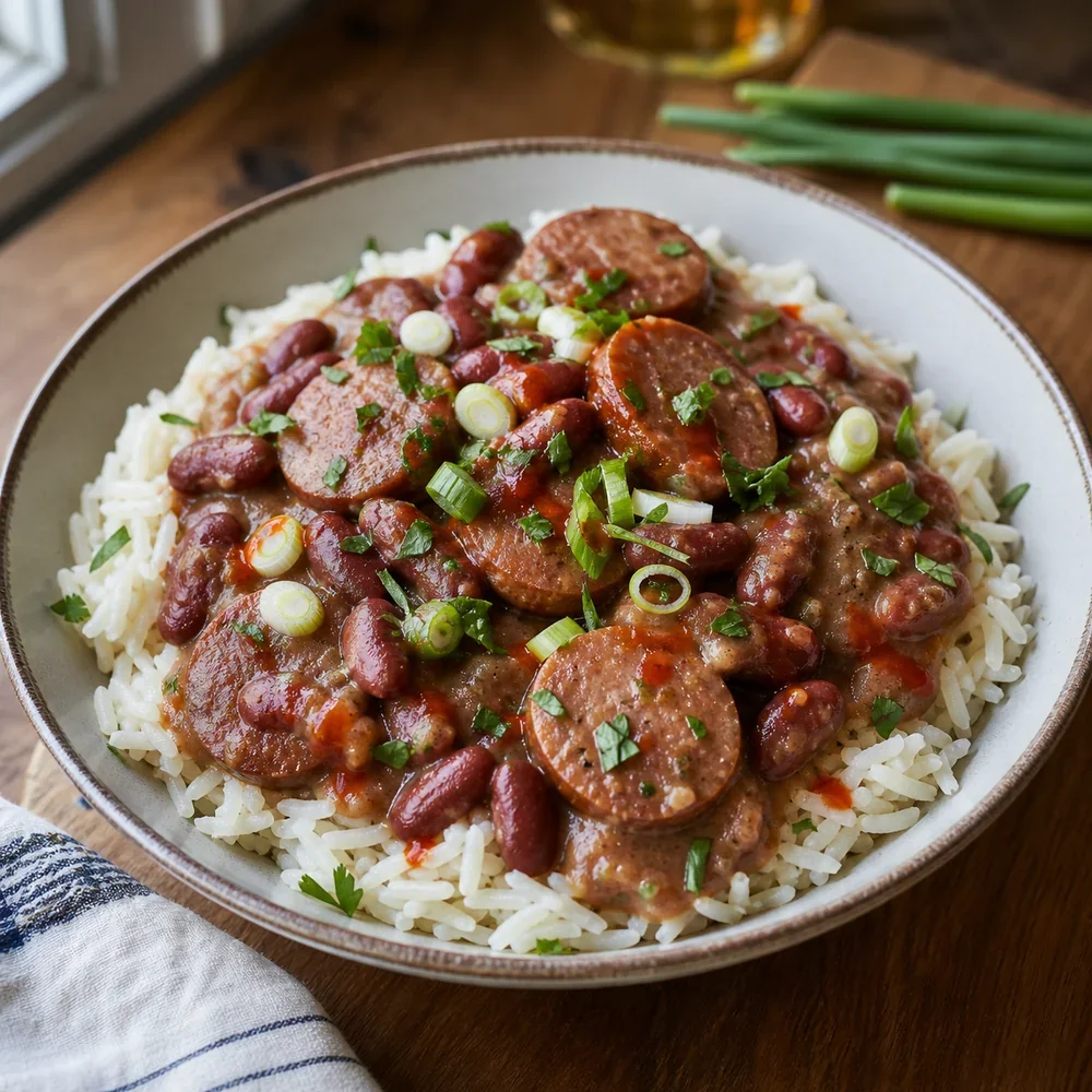 Finished red beans and rice with smoked sausage over white rice
