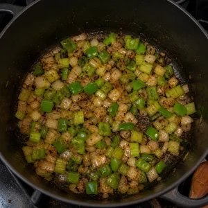 Onion, green bell pepper, and celery cooking in the pot