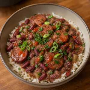 Red beans and sausage served over rice with scallions and parsley