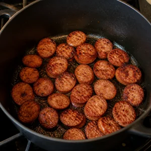 Sliced smoked sausage browning in a Dutch oven