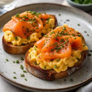 Œufs brouillés onctueux au saumon fumé et ciboulette sur levain