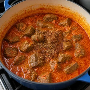 Beef pieces simmering in the pepper base with spices