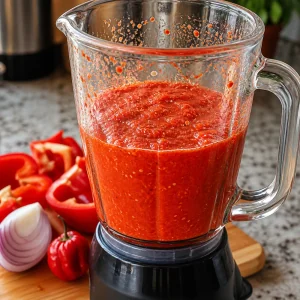 Blended red pepper mixture in a blender
