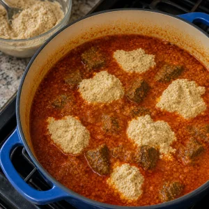 Mounds of egusi paste on simmering beef soup