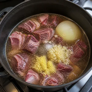Raw beef simmering with onion, garlic, ginger, and stock