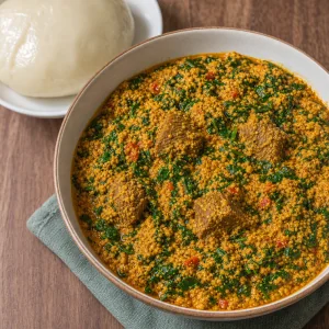 Served egusi soup with spinach, beef, and pounded yam