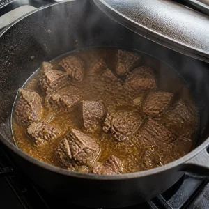 Tender beef pieces simmering in stock