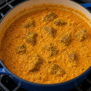 Thick egusi soup simmering with beef