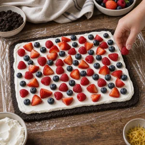 Berries scattered over cream on a dark chocolate crumb sheet