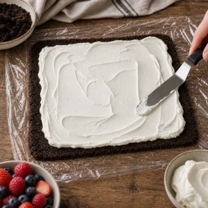 Cream spread over a dark chocolate cookie crumb sheet
