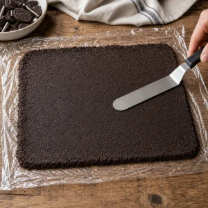 Dark chocolate crumb sheet smoothed on plastic wrap