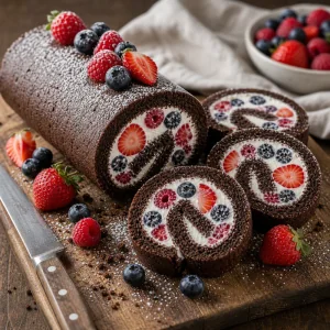 Sliced dark chocolate berry cream cookie roll on a board