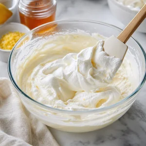 Smooth whipped cream cheese filling in a glass bowl