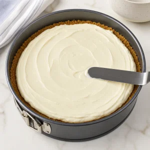 Cheesecake filling spread smoothly over the graham cracker crust in the pan