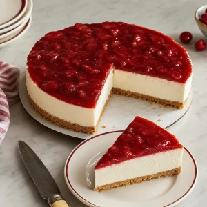 Chilled Woolworth cheesecake released from the pan and sliced for serving