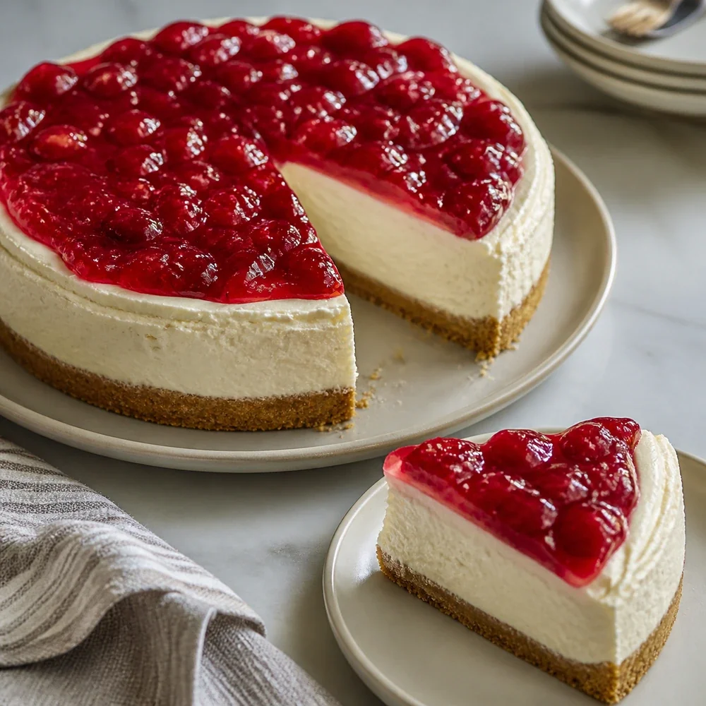 Finished no-bake classic Woolworth cheesecake with graham cracker crust and glossy red fruit topping