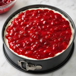 Glossy red fruit preserves spread evenly over the top of the cheesecake