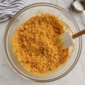 Graham cracker crumbs mixed with melted butter and sugar into a wet sand texture