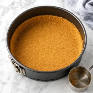 Graham cracker crust pressed evenly into the bottom of a springform pan